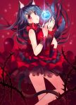  1girl :o animal_ears apple blue_hair cat_ears cat_tail dress floating_hair food frilled_dress frills fruit glowing hisana long_hair original petticoat plant red_dress red_eyes ribbon see-through solo tail thorns vines wrist_ribbon 