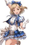  1girl :d alternate_costume arm_up blonde_hair blue_ribbon bow brown_eyes buttons djeeta_(granblue_fantasy) dress gloves granblue_fantasy hair_bow hair_ribbon hairband kimi_to_boku_no_mirai leg_up looking_at_viewer miniskirt open_mouth pleated_skirt puffy_short_sleeves puffy_sleeves ribbon sakiyamama short_hair short_sleeves skirt smile socks solo twitter_username white_gloves white_legwear 