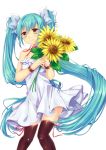  1girl aqua_eyes blue_nails bow bracelet dress flower green_eyes hair_bow hatsune_miku highres jewelry long_hair nail_polish natsume_kei see-through simple_background smile solo strapless strapless_dress sunflower thigh-highs twintails very_long_hair vocaloid white_background white_dress 