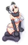  1girl bare_shoulders black_eyes blush breasts claws cleavage fur hand_on_own_knee head_tilt large_breasts loincloth looking_at_viewer monorus monster_girl monster_girl_encyclopedia navel panda_ears paws ren_xiongmao sarashi short_hair simple_background sitting smile solo source_request tail underwear underwear_only white_background white_hair yokozuwari 