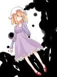  1girl black_clouds blonde_hair creepy dress eyes floating hand_on_own_chest hat looking_to_the_side maribel_hearn mary_janes mob_cap purple_dress red_shoes shiroshi_(denpa_eshidan) shoes simple_background solo staring touhou worried yellow_eyes 