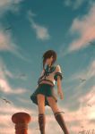  1girl 2015 bangs bird black_legwear blue_skirt blue_sky brown_hair clouds cloudy_sky commentary_request dated day fubuki_(kantai_collection) green_eyes hair_between_eyes highres kantai_collection kneehighs looking_at_viewer low_ponytail open_mouth outdoors pleated_skirt rope school_uniform serafuku short_ponytail short_sleeves sidelocks skirt sky solo standing tabisora 
