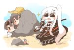  3girls absurdly_long_hair aircraft_carrier_hime akagi_(kantai_collection) alternate_costume blush chibi commentary_request drinking_straw enemy_aircraft_(kantai_collection) fang hat hiding jacket kaga_(kantai_collection) kantai_collection long_hair multiple_girls open_clothes open_jacket rebecca_(keinelove) shinkaisei-kan sitting sparkle straw_hat sunglasses sunglasses_on_head sweat thigh-highs very_long_hair 
