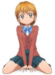  1girl brown_eyes brown_hair eyebrows eyebrows_visible_through_hair futari_wa_precure green_skirt looking_at_viewer manji_(tenketsu) misumi_nagisa plaid plaid_skirt precure school_uniform short_hair simple_background sitting skirt smile solo wariza white_background 