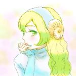  1girl aqua_nails bangs blonde_hair blush colored_eyelashes green_eyes hair_between_eyes hairband hand_on_own_face horns inoue_marina_(artist) lips long_hair nail_polish original sheep_horns shirt sleeves_past_wrists solo turtleneck upper_body wavy_hair white_shirt 