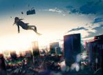  1girl artist_name bag black_hair black_legwear building city cityscape clouds commentary_request flying kneehighs long_hair long_sleeves loundraw original outdoors scenery school_bag shorts signature skirt sky skyscraper solo sunlight sunset 