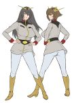  2girls alternate_costume ass belt black_hair boots breasts brown_eyes brown_hair commentary_request from_behind frown full_body gundam hairband hands_on_hips highres ice_(seriousgraphics) kantai_collection kneepits long_hair long_sleeves medium_breasts military military_jacket military_uniform mobile_suit_gundam multiple_girls mutsu_(kantai_collection) nagato_(kantai_collection) outline pants pose short_hair smile taut_clothes unfinished uniform yellow_eyes 