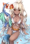  1girl absurdres ahoge alternate_costume arm_support bare_arms bare_shoulders bikini breasts cleavage clothes_down dark_skin dragon flower frilled_bikini frills from_above granblue_fantasy hair_between_eyes hair_flower hair_ornament hibiscus highres long_hair looking_at_viewer medium_breasts midriff navel red_eyes ribbon ripples shiodome_oji sitting skirt skirt_around_one_leg smile swimsuit tail tail_ribbon the_order_grande thigh_gap thighs water white_bikini white_hair 