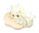  1girl animal_ears blush brown_eyes cat_ears chibi clover_hair_ornament dress full_body green_dress hair_ornament legs_up long_hair long_sleeves looking_at_viewer lp_(hamasa00) lying on_stomach original silver_hair simple_background socks solo text translation_request white_background white_legwear 