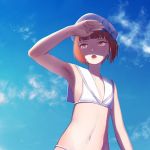  1girl adapted_costume armpits bangs beret bikini bikini_bottom bikini_top blue_sky blunt_bangs brown_eyes brown_hair chromatic_aberration commentary_request crop_top flat_chest hand_to_forehead hat kantai_collection navel open_mouth sailor_bikini sailor_collar sailor_hat shade shading_eyes shadow short_hair sketch sky solo swimsuit upper_body white_bikini white_hat yue_(tada_no_saboten) z3_max_schultz_(kantai_collection) 