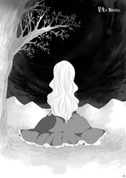  1girl comic dress from_behind grass greyscale hammer_(sunset_beach) long_hair monochrome mountain night outdoors seiza sitting sky solo star_(sky) starry_sky touhou translation_request tree yakumo_yukari 