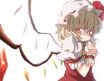  arm_garter ascot blonde_hair bloom blush commentary_request crystal darjeeling_(reley) flandre_scarlet from_side hands_together hat hat_ribbon highres looking_at_viewer mob_cap parted_lips puffy_short_sleeves puffy_sleeves red_eyes red_ribbon ribbon scared short_sleeves side_ponytail solo touhou upper_body wavy_mouth white_background wings wrist_cuffs 