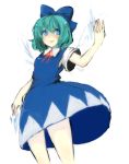  1girl aqua_hair blue_bow blue_dress blue_eyes bow cirno dress fairy hair_bow hand_up highres ice ice_wings legs lips looking_to_the_side magic minorinashi simple_background smile solo touhou white_background wings 