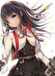  1girl asashio_(kantai_collection) belt black_hair blue_eyes blurry commentary_request confetti depth_of_field dress eyebrows eyebrows_visible_through_hair hair_over_one_eye kantai_collection light_smile long_hair long_sleeves neck_ribbon pinafore_dress red_ribbon remodel_(kantai_collection) revision ribbon smile solo twitter_username white_background wind youqiniang 