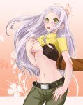  1girl allelujah_haptism belt black_gloves breast_grab breasts gloves grabbing gundam gundam_00 long_hair medium_breasts navel open_mouth shirt shirt_lift silver_hair soma_peries taakomaru yellow_eyes yellow_shirt 