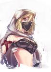  1girl absurdres bangs bare_shoulders blonde_hair breasts brown_eyes chain chaos_ruler_(granblue_fantasy) cleavage cloak djeeta_(granblue_fantasy) emoshon empty_eyes face_mask granblue_fantasy hair_between_eyes highres hood hooded_cloak mask medium_breasts midriff short_hair simple_background solo white_background 