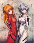  2girls :o ass ayanami_rei bangs blue_eyes bodysuit bracer breasts closed_mouth covered_nipples flat_ass from_side gloves grey_hair hair_between_eyes hand_on_hip hand_on_own_chest hand_up head_tilt headgear leaning_back legs_together light_smile long_hair looking_at_viewer looking_back mable medium_breasts multiple_girls neon_genesis_evangelion number open_mouth orange_hair pilot_suit plugsuit red_eyes short_hair skin_tight skinny slender_waist smile souryuu_asuka_langley thighs turtleneck two_side_up 