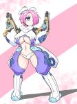  1girl blue_eyes blush breasts center_opening cleavage dual_wielding gloves gun hair_ornament hair_over_one_eye handgun holding holding_weapon large_breasts looking_at_viewer navel original phantasy_star phantasy_star_zero pink_hair pistol pointy_ears rei_(holyspirit) short_hair solo trigger_discipline weapon zefirumu 