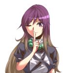  1girl ;) arm_garter bead_necklace beads breasts brown_hair commentary_request dress finger_to_mouth gradient_hair hijiri_byakuren index_finger_raised jewelry kakao_(noise-111) large_breasts long_hair looking_at_viewer multicolored_hair necklace one_eye_closed prayer_beads puffy_short_sleeves puffy_sleeves purple_hair short_sleeves smile solo touhou two-tone_hair violet_eyes white_background 