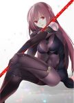  1girl bodysuit breasts covered_navel fate/grand_order fate_(series) gae_bolg highres large_breasts long_hair looking_at_viewer parted_lips pauldrons polearm purple_hair red_eyes scathach_(fate/grand_order) sino_(sionori) sketch smile solo spear weapon 