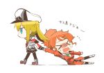  &gt;_&lt; 2girls aquila_(kantai_collection) blonde_hair blue_eyes chibi closed_eyes dragging graf_zeppelin_(kantai_collection) hair_ornament hairclip hat kantai_collection multiple_girls orange_hair rebecca_(keinelove) translated 