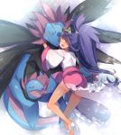  1girl big_hair blush closed_eyes dark_skin hug hydreigon iris_(pokemon) kanro_ame_(ameko) long_hair one_eye_closed open_mouth pokemon pokemon_(creature) pokemon_(game) pokemon_bw2 purple_hair red_eyes smile tiara two_side_up 