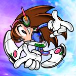  1girl bodysuit brown_hair commentary d.va_(overwatch) finger_gun gloves headphones kaigetsudo long_hair overwatch parody pilot_suit solo sonic_adventure sonic_the_hedgehog spiky_hair style_parody whisker_markings white_gloves 