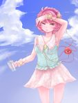  1girl adapted_costume arm_up armpits clouds cloudy_sky drink floral_print hairband heart komeiji_satori ma_nyan_(nyao_mao_nyao) miniskirt pink_eyes pink_hair shirt short_hair skirt sky sleeveless sleeveless_shirt solo sweat third_eye touhou wrist_cuffs 