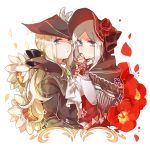  2girls ascot blonde_hair bloodborne blue_eyes covered_mouth flower gem hair_flower hair_ornament hair_ribbon hat highres lady_maria_of_the_astral_clocktower long_hair looking_at_viewer multiple_girls petals plain_doll ponytail ribbon rose rose_petals sunflower the_old_hunters white_hair 