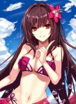  1girl aosaki_yukina bikini breasts fate/grand_order fate_(series) flower hair_flower hair_ornament highres index_finger_raised large_breasts long_hair looking_at_viewer navel parted_lips purple_hair red_eyes scathach_(fate/grand_order) solo swimsuit very_long_hair water 