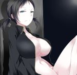  1girl against_wall black_eyes black_hair black_shirt breasts buta_(uhoiiotoko) cleavage closed_mouth collarbone devil_survivor_2 frown kanno_fumi knee_up large_breasts long_sleeves looking_at_viewer megami_ibunroku_devil_survivor naked_shirt navel open_clothes open_shirt shirt short_hair short_twintails sitting solo twintails 