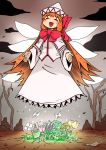  1girl blonde_hair bow eyebrows fairy_wings flower hat hat_bow lily_white nicetack open_mouth smile solo thick_eyebrows touhou triangle_mouth wasteland wide_sleeves wings 