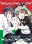  2girls ;d anchovy bangs belt beret black_hair black_skirt blush braid brown_eyes cape cover cover_page doujin_cover dress_shirt drill_hair flag_background girls_und_panzer green_hair hair_ribbon hat heart heart_hands holding_hands italian long_hair long_sleeves looking_at_another looking_at_viewer miniskirt multiple_girls necktie one_eye_closed open_mouth pantyhose pepperoni_(girls_und_panzer) pleated_skirt red_eyes ribbon school_uniform shirt short_hair side_braid skirt smile standing symmetrical_hand_pose twin_drills twintails umekichi wavy_mouth white_legwear white_shirt yuri 