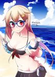  1girl bare_arms bare_shoulders beach bespectacled bikini bikini_skirt black_bikini blush bottle clouds cloudy_sky glasses groin hair_flaps hair_ornament hair_ribbon hairclip kantai_collection looking_at_viewer midriff navel nekobaka ocean outdoors reaching_out red_eyes remodel_(kantai_collection) ribbon sand sky smile solo swimsuit water_bottle yuudachi_(kantai_collection) 