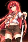  1girl ahoge alastor_(shakugan_no_shana) fire gundam00uc hand_on_hip jewelry long_hair midriff navel panty_peek parted_lips pendant red_eyes redhead school_uniform serafuku shakugan_no_shana shana standing sword thigh-highs weapon 