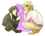  1boy 1girl black_hair blonde_hair boku_no_hero_academia digital_media_player earphones jacket jirou_kyouka kaminari_denki kotomaru shared_earphones short_hair 