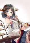  1girl bare_shoulders blurry breasts brown_hair cake depth_of_field detached_sleeves eating food fork fruit glasses green-framed_eyewear grey_eyes kakao_rantan kantai_collection kirishima_(kantai_collection) no_legwear nontraditional_miko open_mouth pleated_skirt ribbon-trimmed_sleeves ribbon_trim short_hair simple_background skirt solo strawberry teapot thigh-highs 