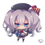  1girl beret binoculars black_legwear blue_eyes chibi commentary_request curly_hair epaulettes hat holding kantai_collection kashima_(kantai_collection) long_hair looking_at_viewer machinery muuran pleated_skirt signature silver_hair simple_background skirt smile solo thigh-highs turret twintails white_background zettai_ryouiki 