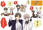  3boys akashi_kuniyuki animal_costume black_gloves black_hair blonde_hair brown_hair cape closed_eyes formal glasses gloves hair_ornament hairclip heshikiri_hasebe horse_costume kikkou_sadamune male_focus multiple_boys necktie short_hair smile suit touken_ranbu translation_request violet_eyes white_gloves 