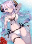  1girl arm_up armpits bikini blue_eyes blush braid breast_grab breasts cleavage collarbone commentary_request demon_horns doraf earrings eyes_visible_through_hair frilled_bikini frills front-tie_top fukuda_shuushi grabbing granblue_fantasy hair_ornament hair_over_one_eye highres horns jewelry lavender_hair long_hair looking_at_viewer low_tied_hair lying lying_on_water narumeia_(granblue_fantasy) navel on_back partially_submerged pointy_ears side-tie_bikini smile solo swimsuit thigh_strap water white_bikini white_swimsuit 