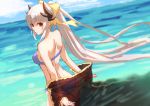  1girl albino bikini bow butt_crack fate/grand_order fate_(series) hair_bow horns jacky5493 kiyohime_(fate/grand_order) ponytail red_eyes see-through shoulder_blades solo swimsuit water white_hair 