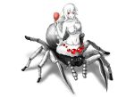  1girl :q artist_request blush breasts hand_on_own_chest insect_girl kumo-chan kumo_desu_ga_nani_ka? long_hair looking_at_viewer monster_girl navel red_eyes smile solo spider spider_girl tongue tongue_out white_background white_hair 