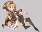  1girl :o bangs black_legwear blonde_hair breasts brown_eyes buttons cape djeeta_(granblue_fantasy) dragon eyebrows eyebrows_visible_through_hair frilled_skirt frills granblue_fantasy green_ribbon grey_background hair_intakes highres index_finger_raised lp_imouto miniskirt panties pantyshot parted_lips plaid ribbon short_hair short_sleeves simple_background skirt small_breasts solo thigh-highs underwear white_panties white_skirt 