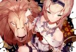  1girl atha_(leejuiping) bare_shoulders blonde_hair braid breasts crown dress french_braid green_hair hairband jewelry kantai_collection large_breasts lion long_hair mini_crown necklace off_shoulder ring solo warspite_(kantai_collection) 