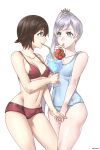  2girls bendy_straw bikini blue_eyes blush breasts brown_hair cleavage cup drinking drinking_straw flower grey_eyes groin highres holding_hand long_hair multiple_girls navel one-piece_swimsuit ponytail ruby_rose rwby scar scar_across_eye school_swimsuit short_hair simple_background small_breasts strap_gap susukarasu swimsuit weiss_schnee white_background white_hair yuri 