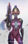  1girl bodysuit breasts center_opening character_name chromatic_aberration cleavage collarbone contrapposto copyright_name covered_navel cowboy_shot d.sum finger_on_trigger gloves grey_background gun head_mounted_display highres holding holding_gun holding_weapon large_breasts lips long_hair looking_at_viewer nose overwatch parted_lips ponytail purple_hair purple_skin rifle sniper_rifle solo very_long_hair visor weapon widowmaker_(overwatch) yellow_eyes 