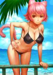  1girl 2016 animal_ears ariverkao arm_support artist_name bare_arms bare_shoulders bikini blue_sky brown_eyes cat_ears cat_tail closed_mouth collarbone dated day half-closed_eye hand_on_hip horizon leaning_forward looking_at_viewer navel ocean original outdoors palm_tree pink_hair plant railing short_hair sky solo standing stomach summer swimsuit tail tree water 