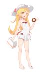  1girl blonde_hair bmo_(zero1017) box doughnut dress error food hat long_hair monogatari_(series) open_toe_shoes oshino_shinobu pastry_box shoes solo standing sun_hat wrong_feet yellow_eyes 