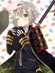  1boy armor blush cape green_eyes hand_on_another&#039;s_head hat hat_removed headwear_removed hotarumaru japanese_armor macaron male_focus md5_mismatch one_eye_closed ootachi out_of_frame polka_dot polka_dot_background silver_hair sode solo_focus sword touken_ranbu uguisu_mochi_(ykss35) weapon 