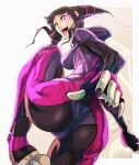  1girl ass barefoot biker_clothes bikesuit blandly_vorpal crazy_eyes crazy_smile feet fingerless_gloves from_behind gloves glowing glowing_eye han_juri looking_at_viewer nail_polish open_mouth soles solo street_fighter street_fighter_v toeless_legwear toes violet_eyes 
